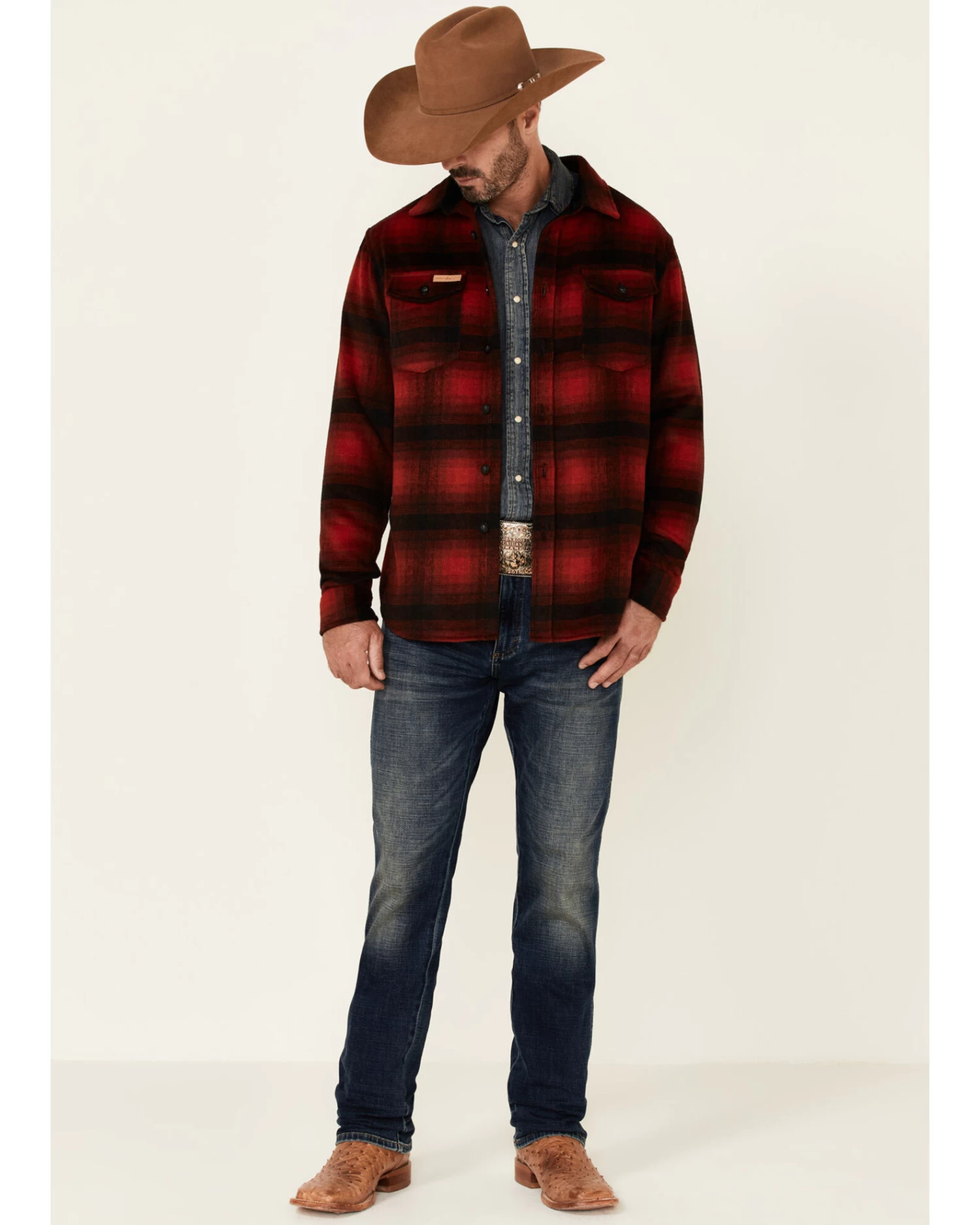 Powder River Outfitters Men's Red Ombre Plaid Wool Button-Front Shirt Jacket 2 Powder River Outfitters Men's Red Ombre Plaid Wool Button-Front Shirt Jacket - Image 2
