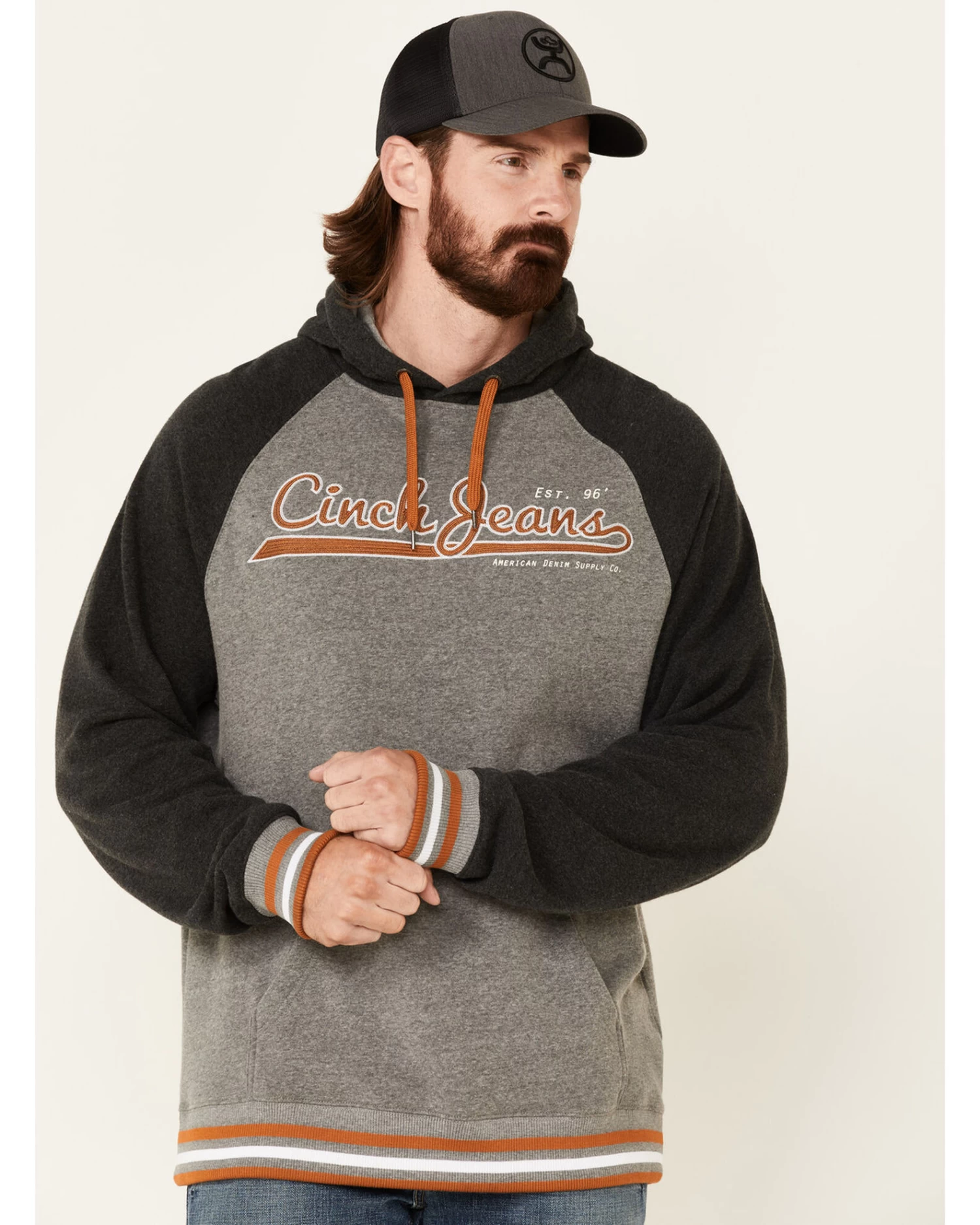 Cinch Men's Vintage Logo Raglan Hooded Sweatshirt 1 Cinch Men's Vintage Logo Raglan Hooded Sweatshirt