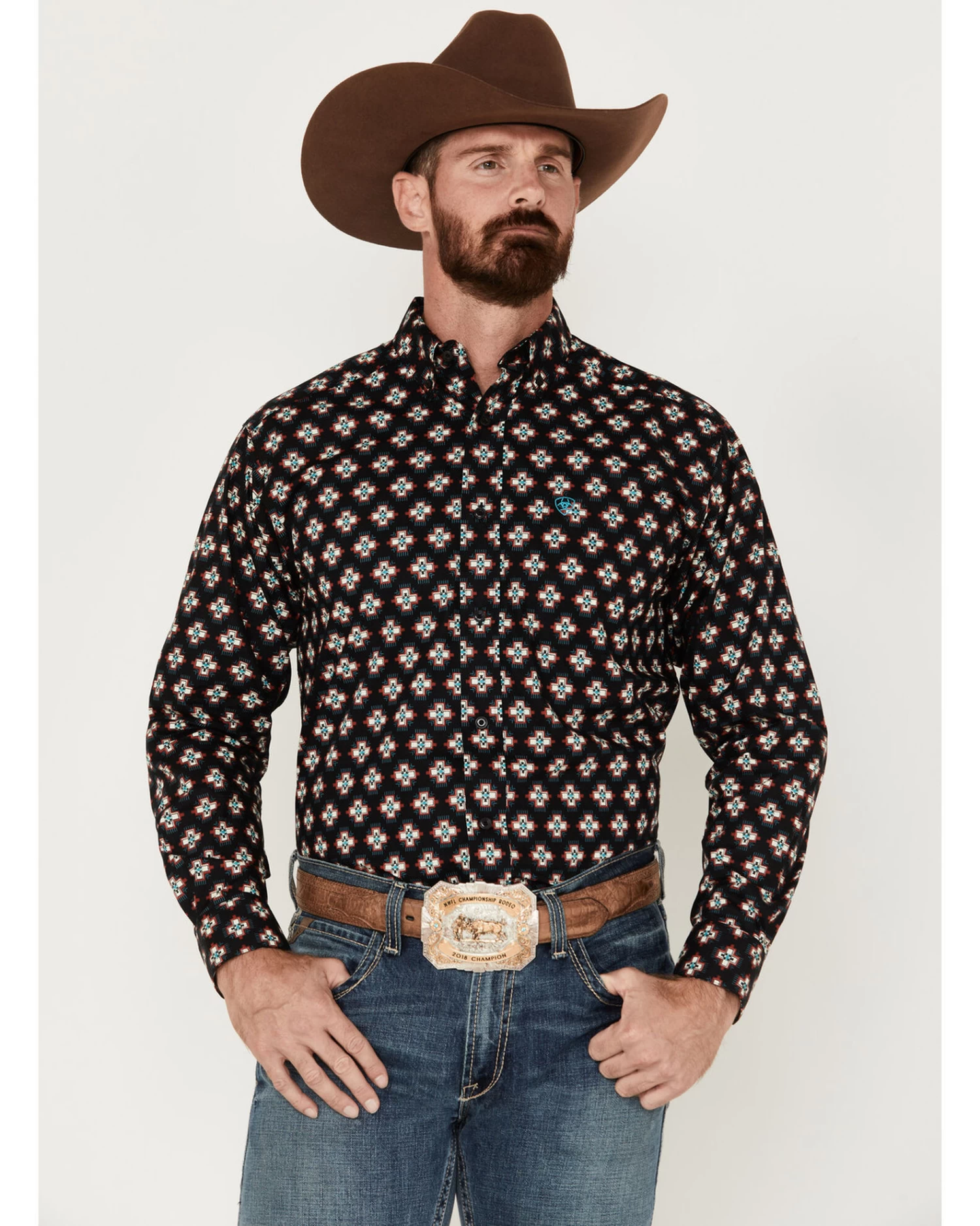 Ariat Men's Kasey Geometric Southwestern Print Long Sleeve Button-Down Western Shirt 1 Ariat Men's Kasey Geometric Southwestern Print Long Sleeve Button-Down Western Shirt