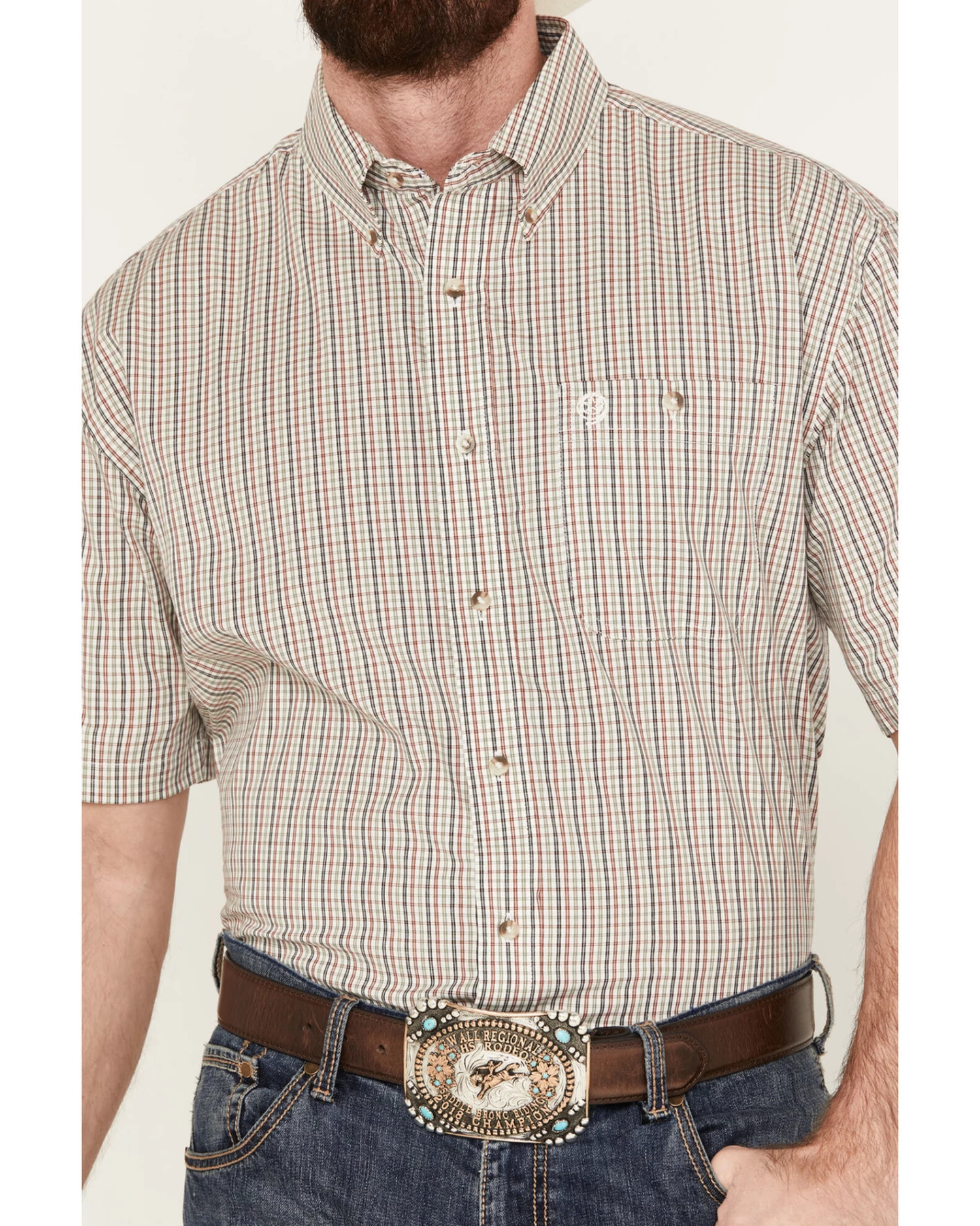George Strait By Wrangler Men's Checkered Print Short Sleeve Stretch Button Down Shirt 3 George Strait By Wrangler Men's Checkered Print Short Sleeve Stretch Button Down Shirt - Image 3