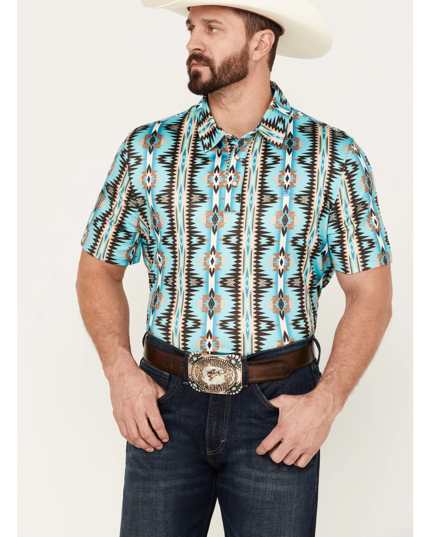 Panhandle Men's Southwestern Print Short Sleeve Western Snap Polo 1 Panhandle Men's Southwestern Print Short Sleeve Western Snap Polo