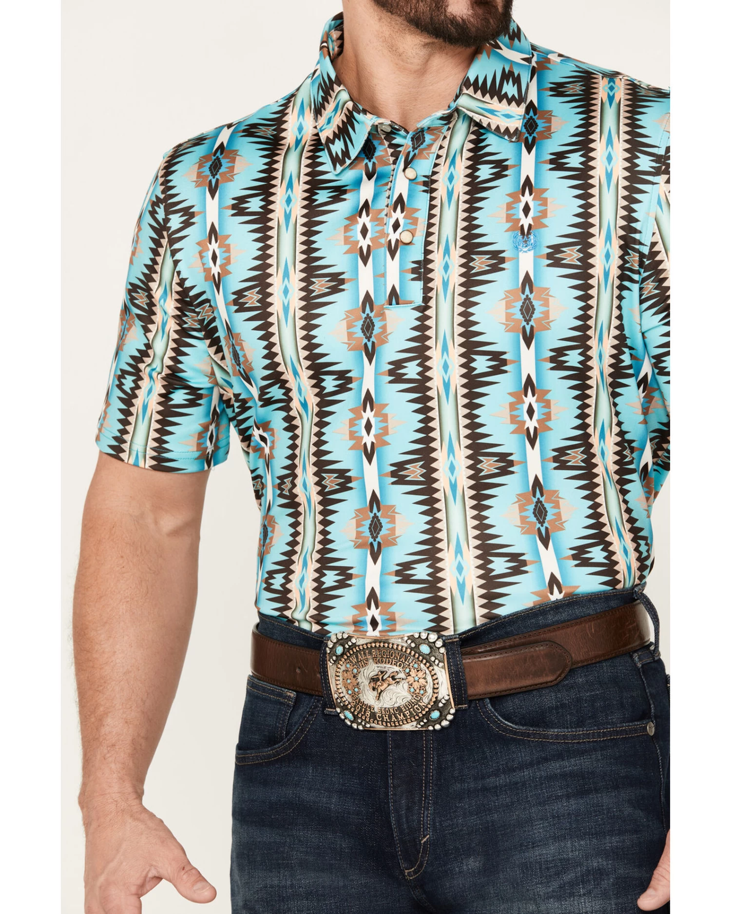 Panhandle Men's Southwestern Print Short Sleeve Western Snap Polo 3 Panhandle Men's Southwestern Print Short Sleeve Western Snap Polo - Image 3